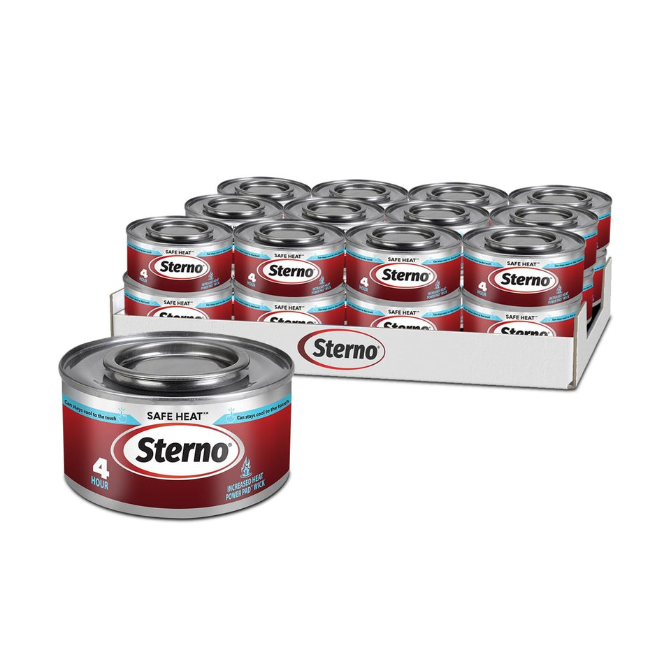 Sterno fuel cans provide a 4-hour burn for chafing dishes during service.