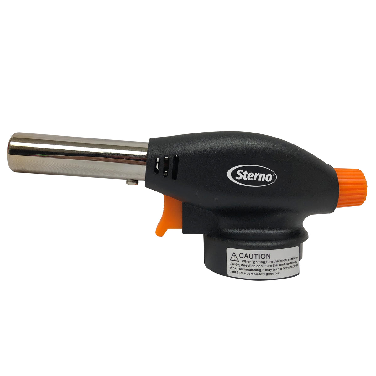 Sterno butane torch ignition shows a precise flame for caramelizing and searing.