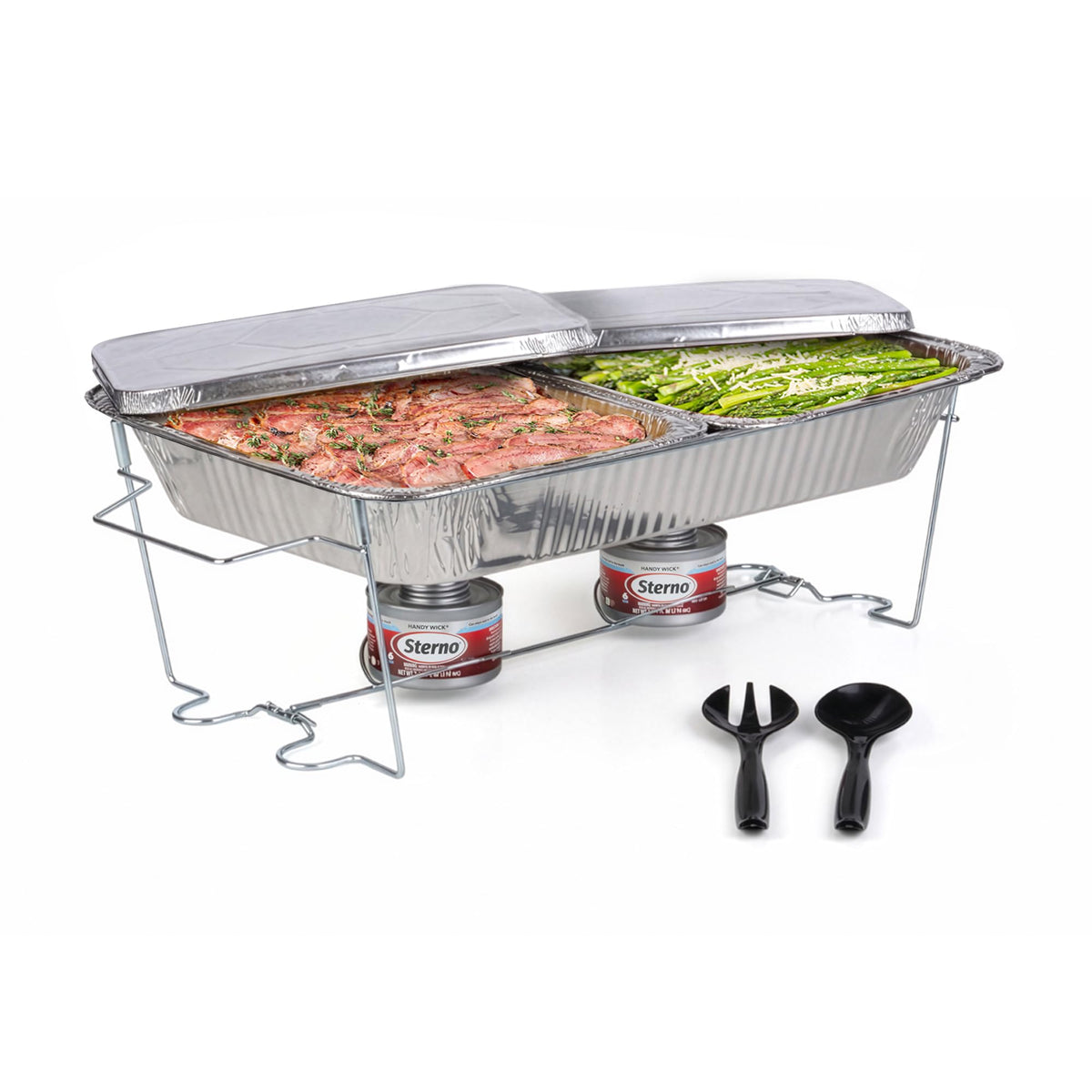 Sterno disposable complete chafing dish buffet set on display, keeps food warm for events