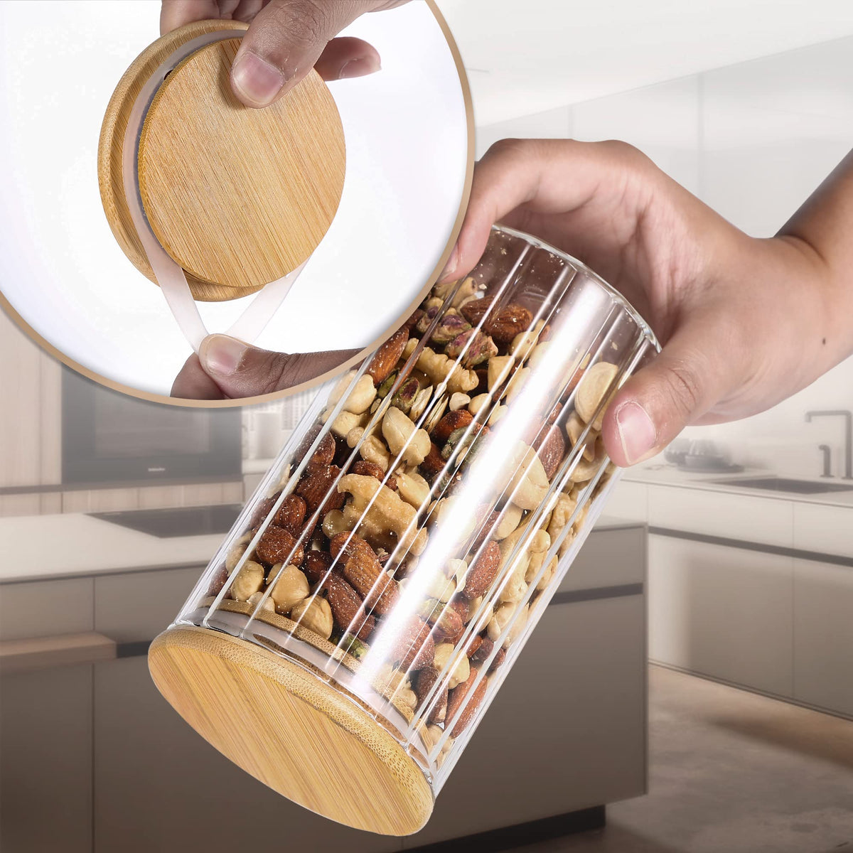 Steviieden jar showing oats and nuts ready for pantry organization.