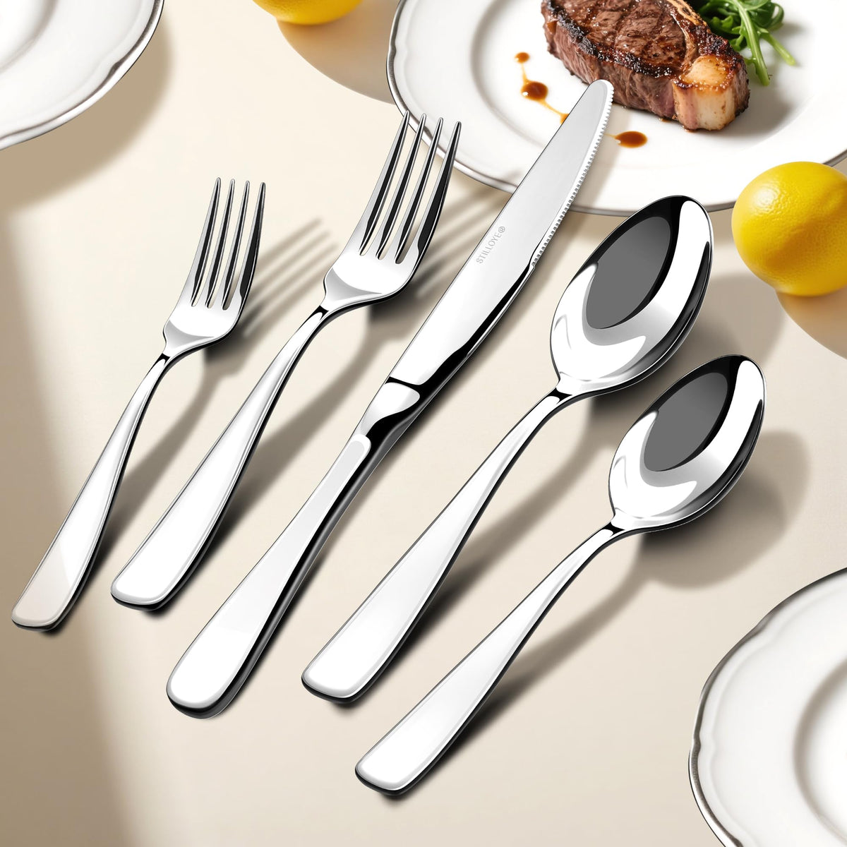 Stilloye dinner knives shown with a mirror-polished finish for daily meals.