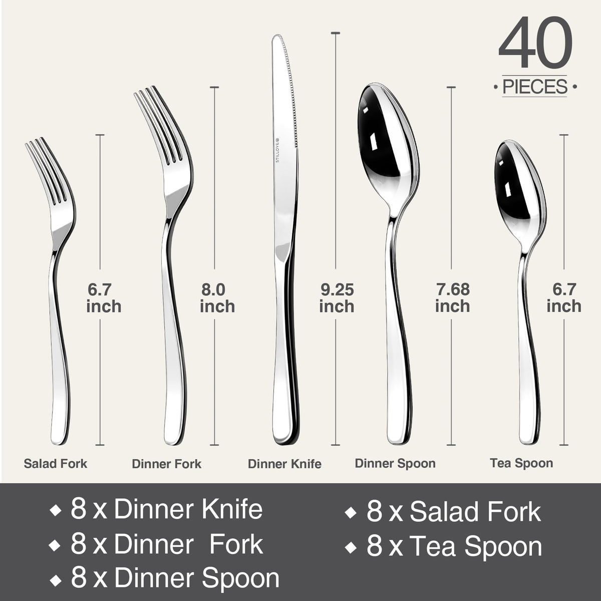 Stilloye silverware closeup highlighting the mirror finish and smooth edges.