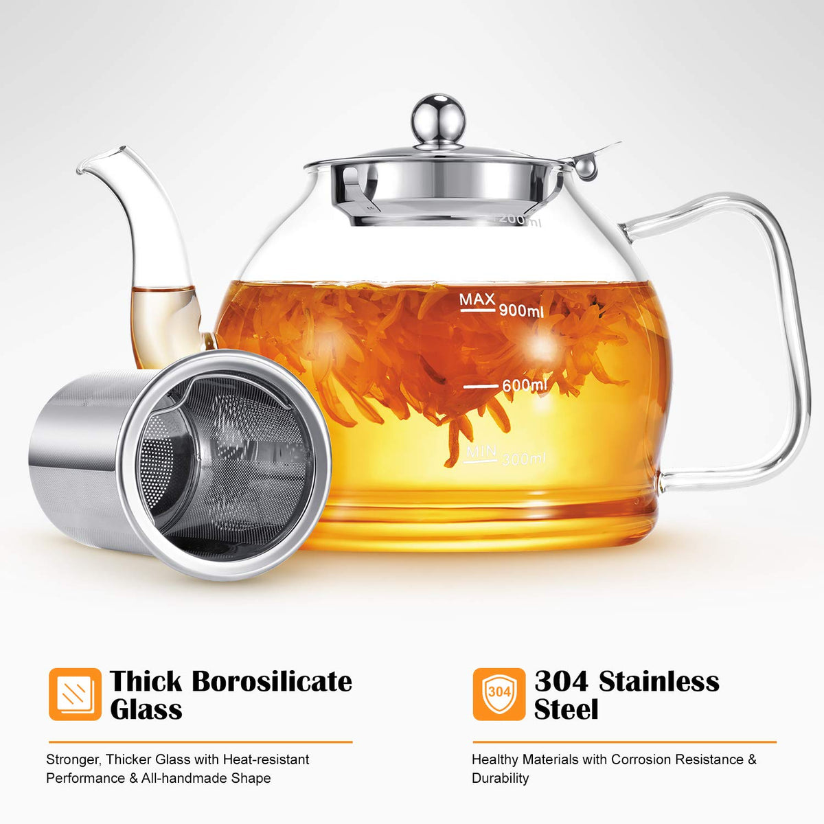 STNTUS glass teapot on stovetop, safe for versatile, on-demand brewing.