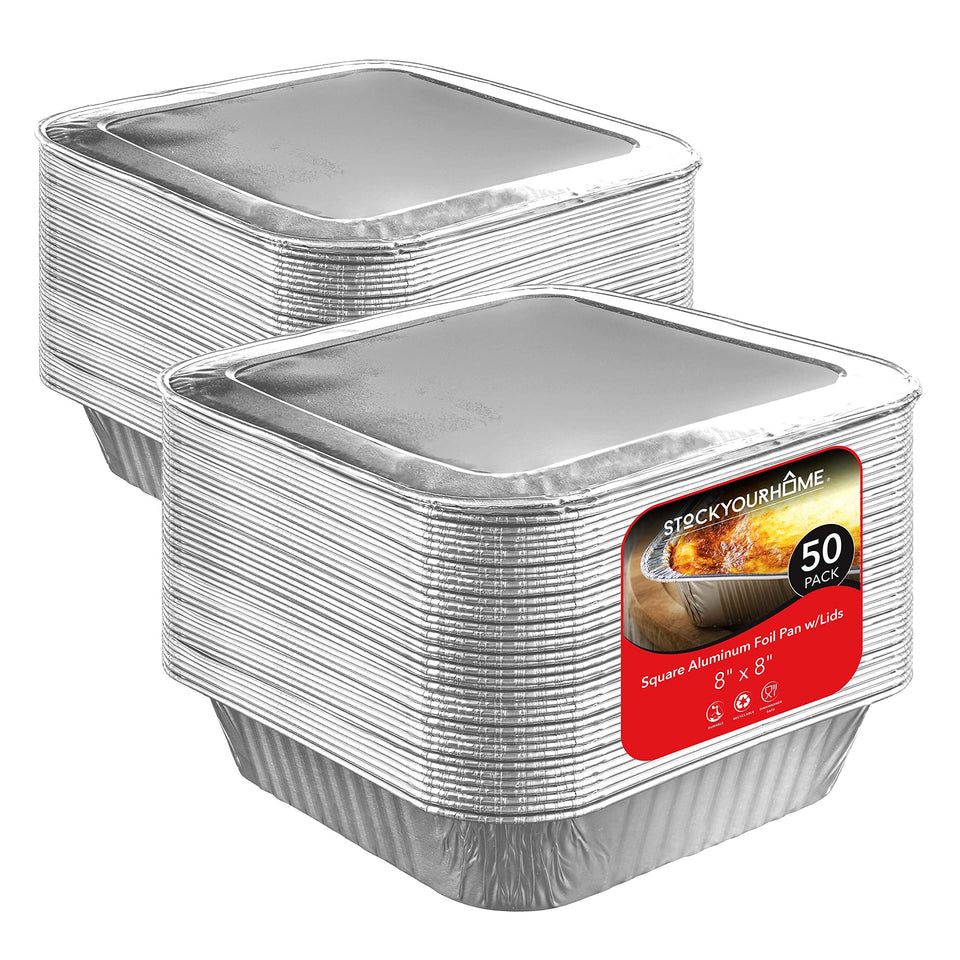 Stock Your Home 8in square foil pans with lids for easy baking and storage.