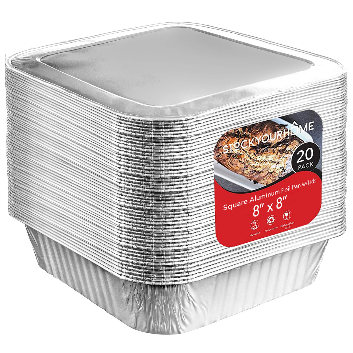 Stock Your Home 8x8 foil pans with lids top view for easy transport and portioning.