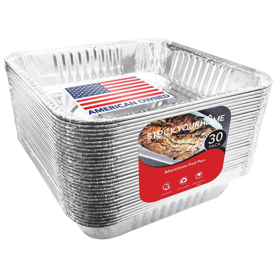 Stock Your Home 9x9 foil pan top view, 30-pack convenience for parties