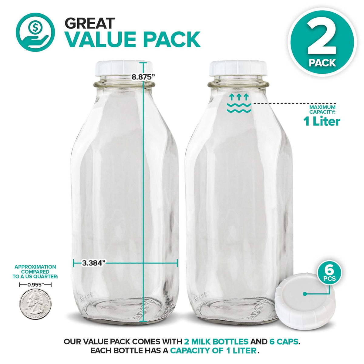 Stock Your Home glass milk bottles with lids for easy fridge storage and reuse.