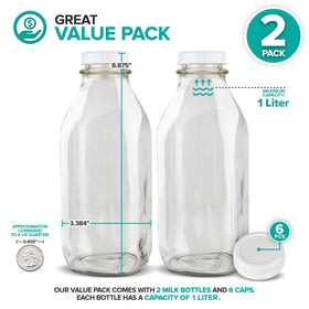 Stock Your Home glass milk bottles with lids for easy fridge storage and reuse.