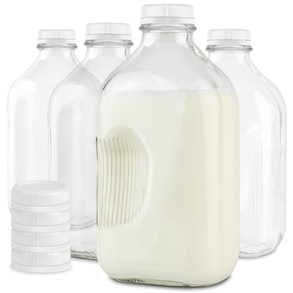 Stock Your Home half-gallon glass milk bottle with lid for versatile liquid storage.