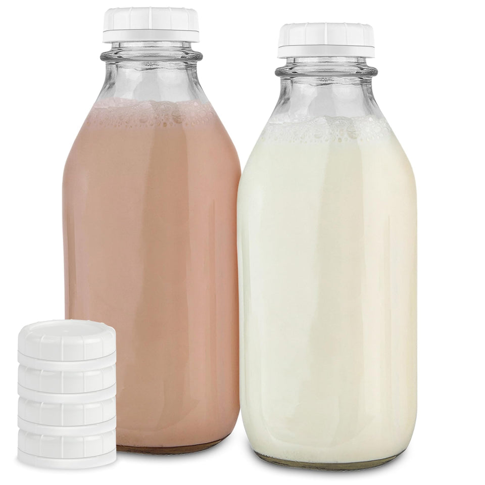 Stock Your Home liter glass milk bottles 2-pack with lids for pantry organization.