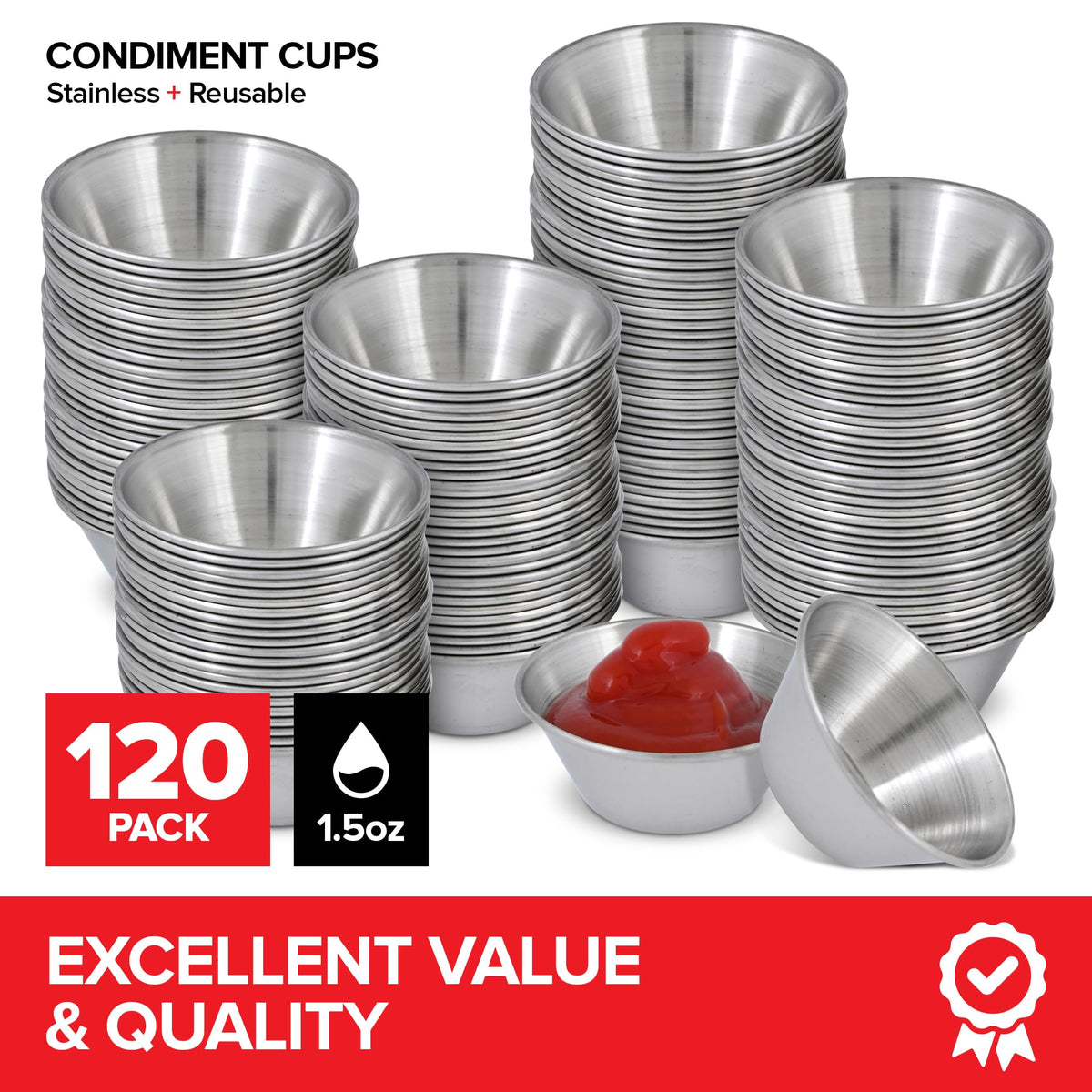 Stock Your Home stainless steel condiment cups for dipping sauces, durable and reusable.
