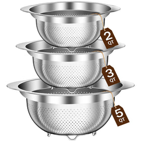 Stockpot 2qt stainless steel colander with durable one-piece handle for secure hot-drain pouring.