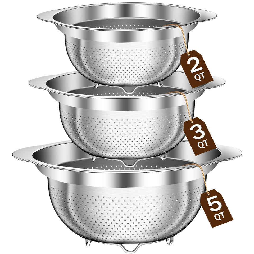 Stockpot 2qt stainless steel colander with durable one-piece handle for secure hot-drain pouring.