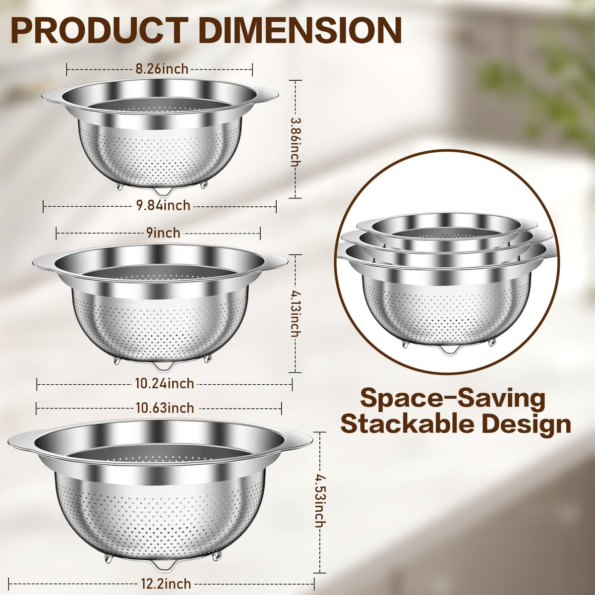 Stockpot 3qt stainless steel colander with non-slip feet for steady rinsing.