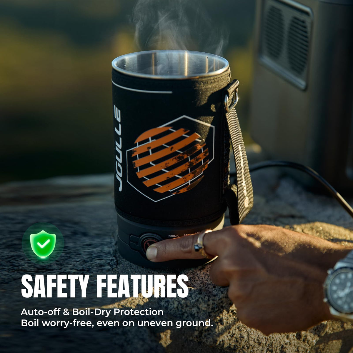 Stoke Voltaics electric kettle auto shut-off protects against overheating.