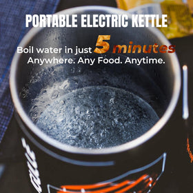 Stoke Voltaics electric kettle front view showing compact, space-saving design.