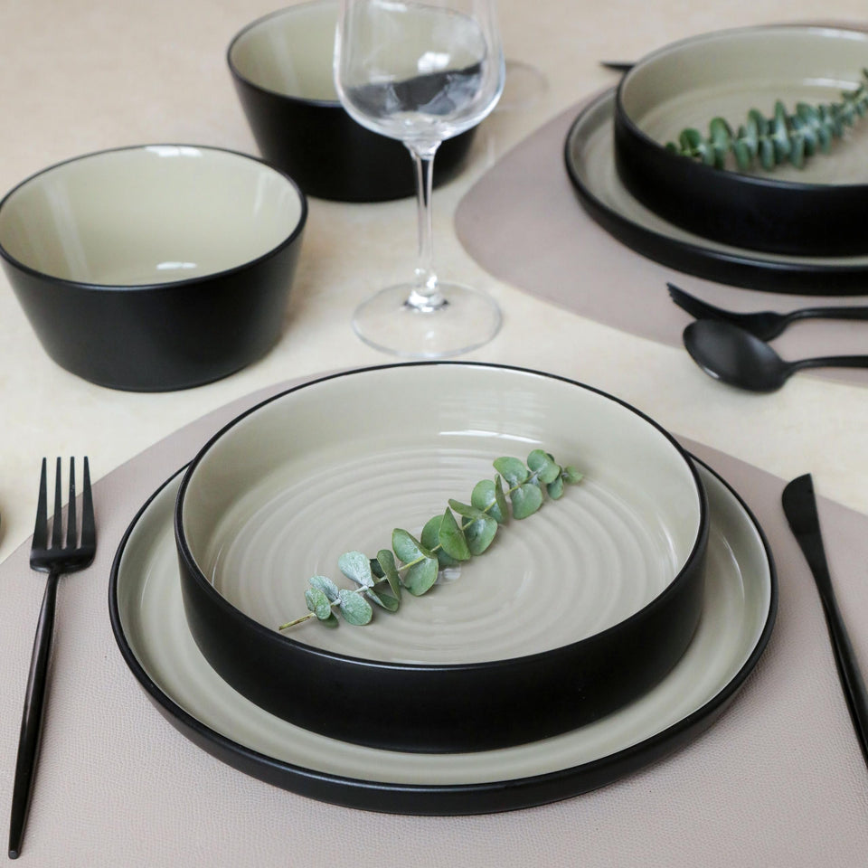 Stone Lain Elica dinner plates with sleek edges frame each dish beautifully.