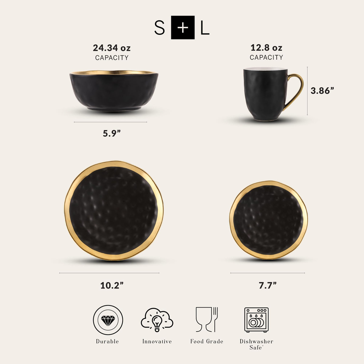 Stone Lain Florian salad plate in black gold rim elevates everyday meals