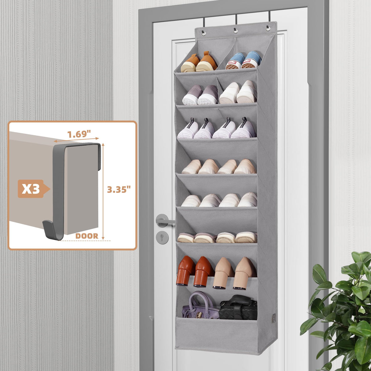 Storage Maniac three-hook system allows hanging on doors, walls, or closet rods.