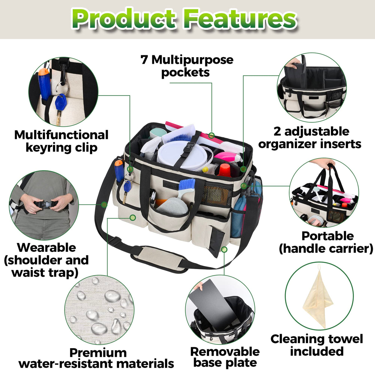 Storage Standard caddy with adjustable strap enables cross-body hands-free carrying.