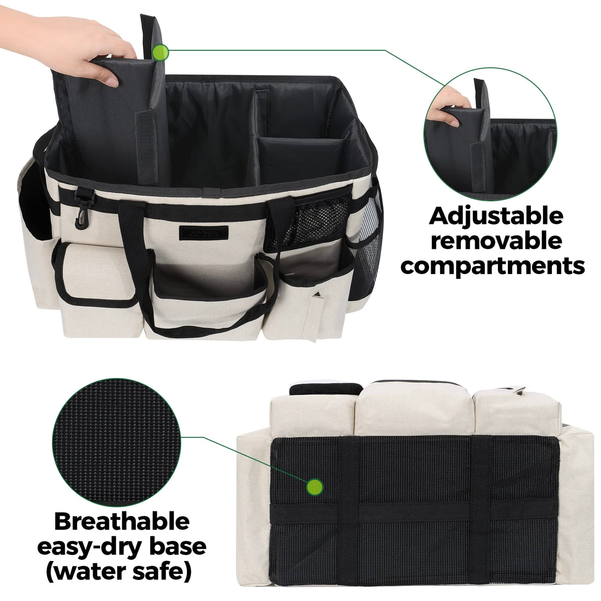 Storage Standard caddy ergonomic handles and waist strap support comfortable transport.