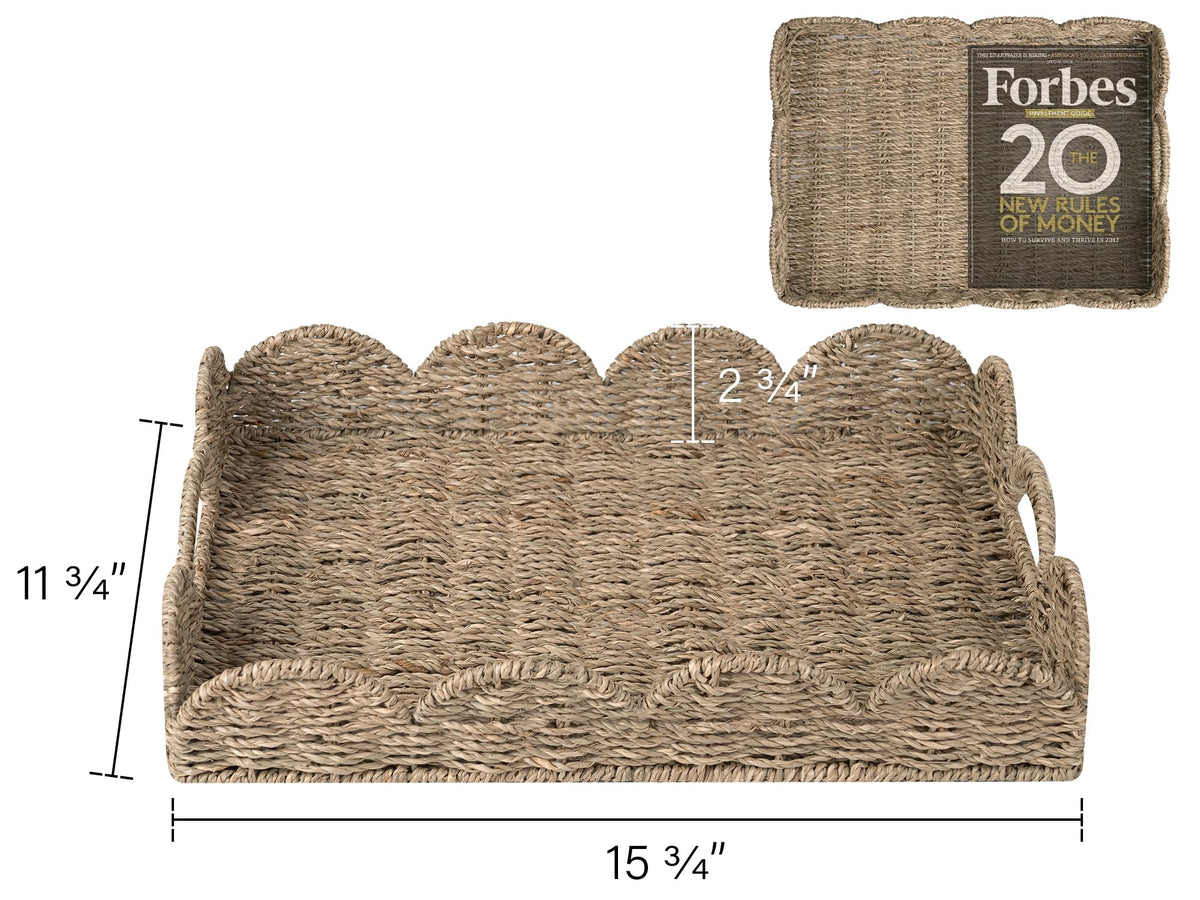 StorageWorks rattan serving tray with shell-edge design adds distinctive style.