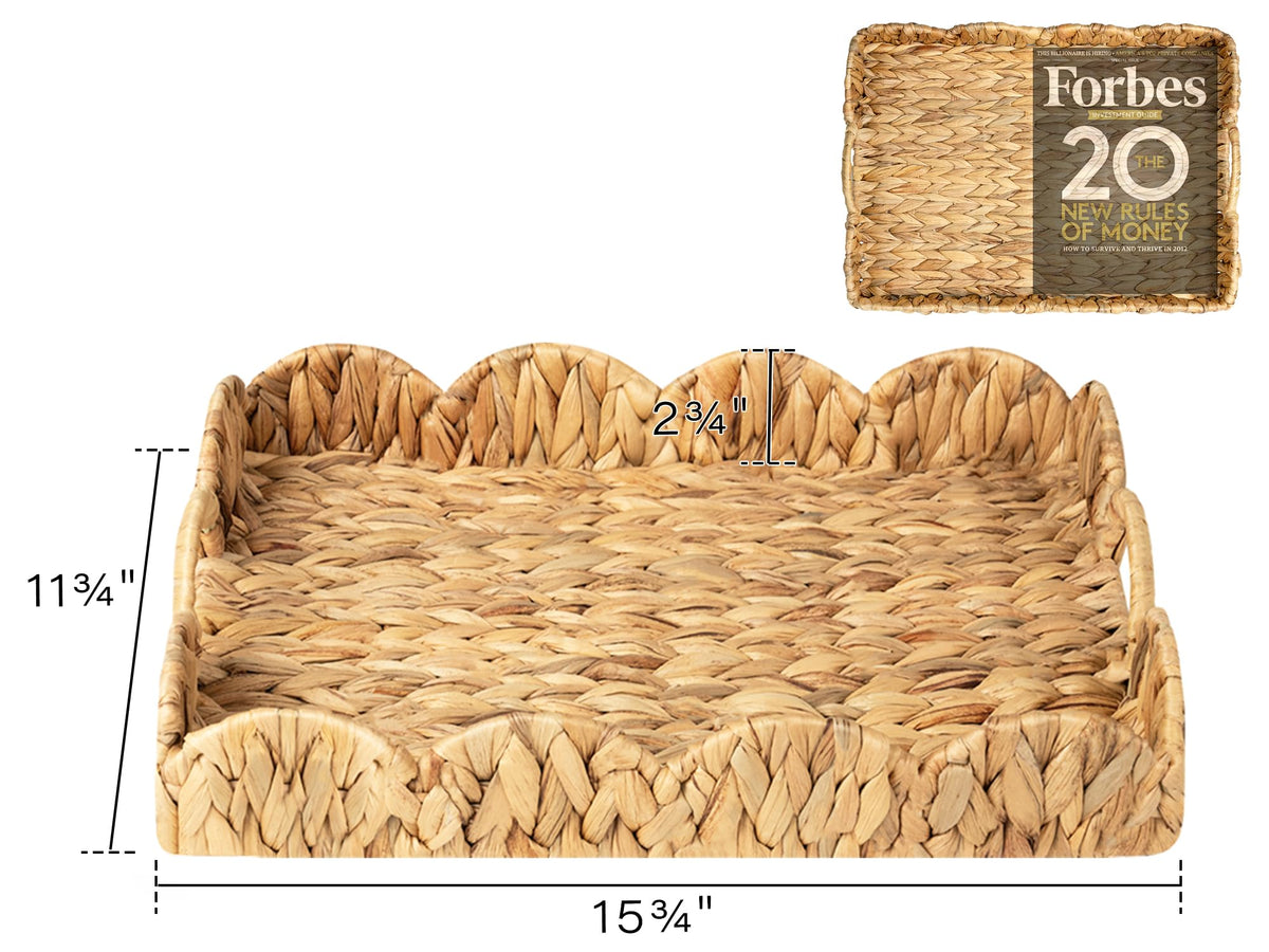 StorageWorks seashell-edged wicker tray, close-up, adds decorative flair.