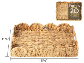 StorageWorks seashell-edged wicker tray, close-up, adds decorative flair.