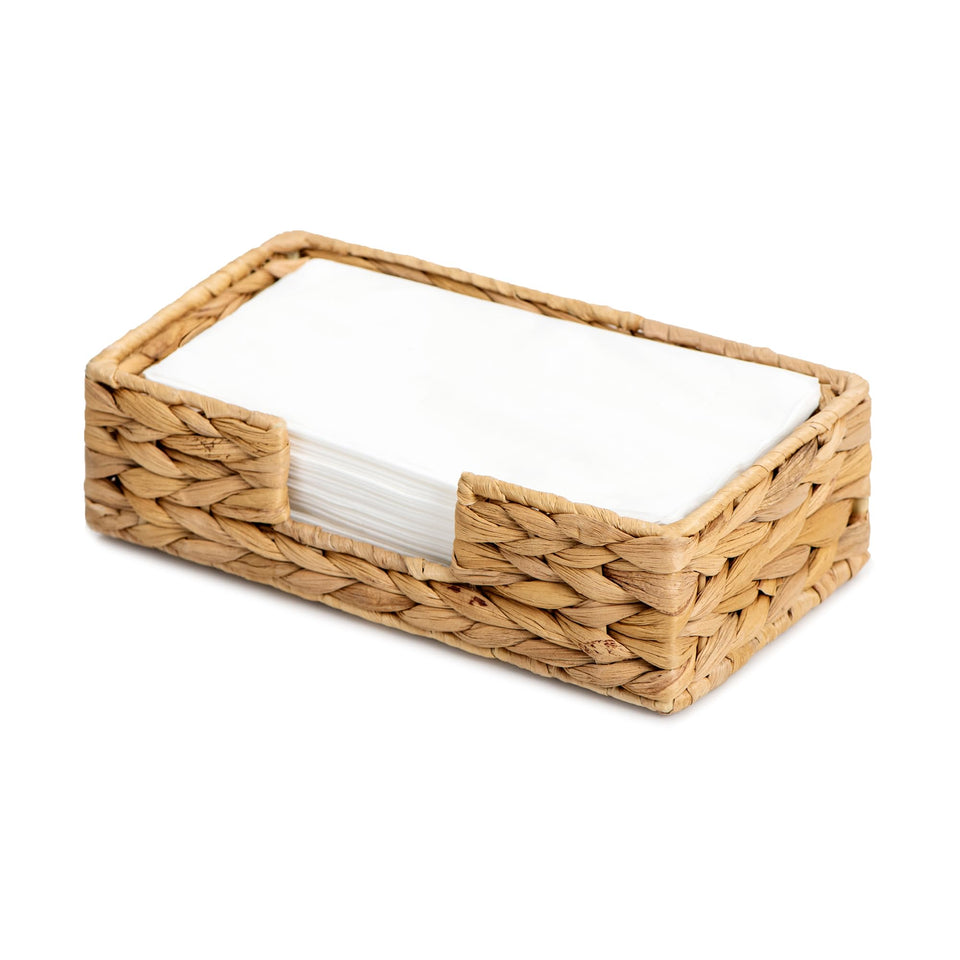 StorageWorks Water Hyacinth Napkin Holder on bathroom vanity keeps napkins tidy.