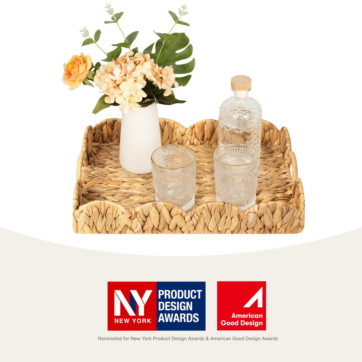StorageWorks water hyacinth tray with handles, close-up, easy to carry.