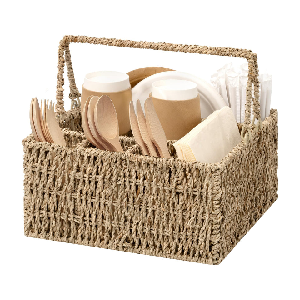 StorageWorks wicker organizer with handle on counter for tidy silverware.