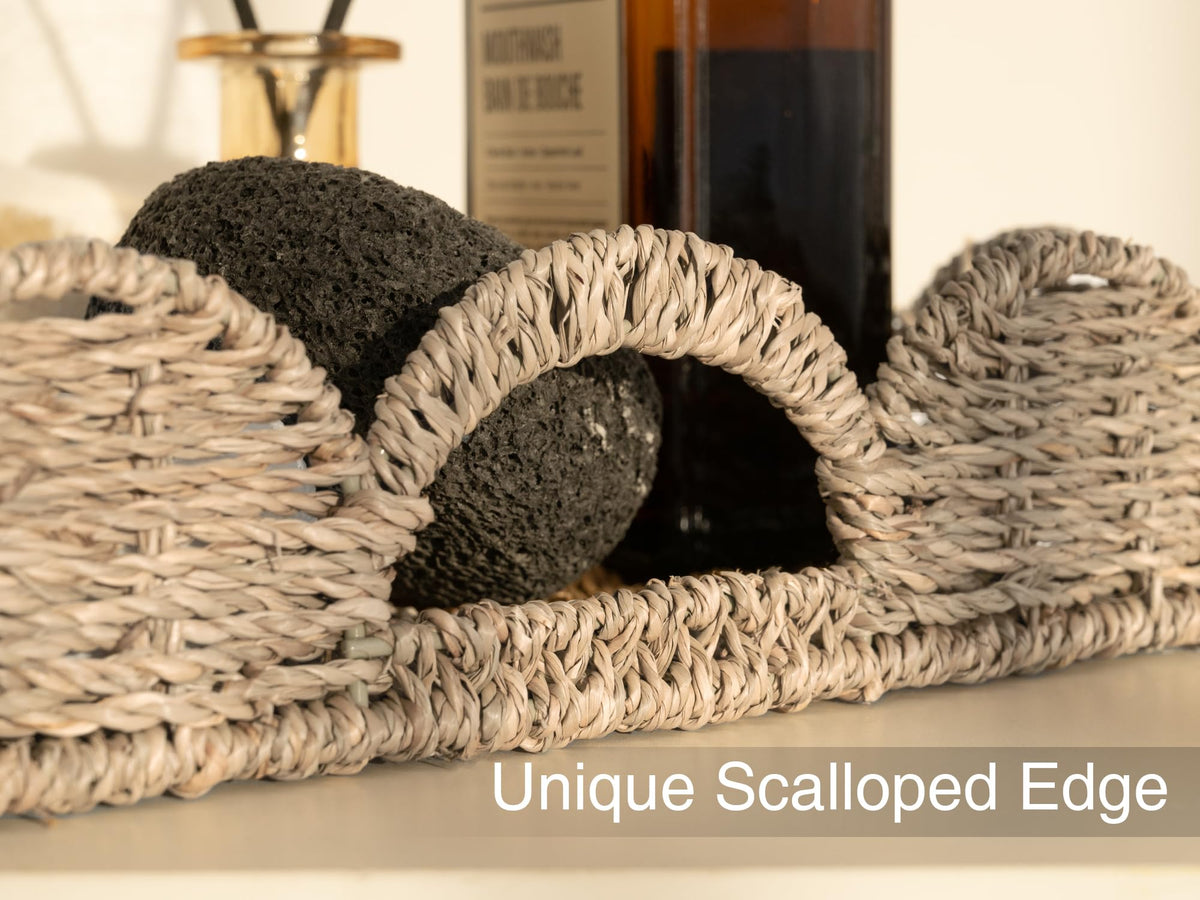StorageWorks wicker tray used as a centerpiece to elevate a dining or coffee table.