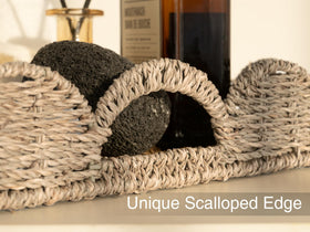 StorageWorks wicker tray used as a centerpiece to elevate a dining or coffee table.