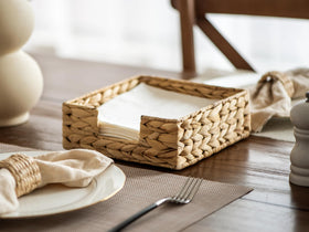 StorageWorks water hyacinth holder on kitchen counter keeps napkins within reach