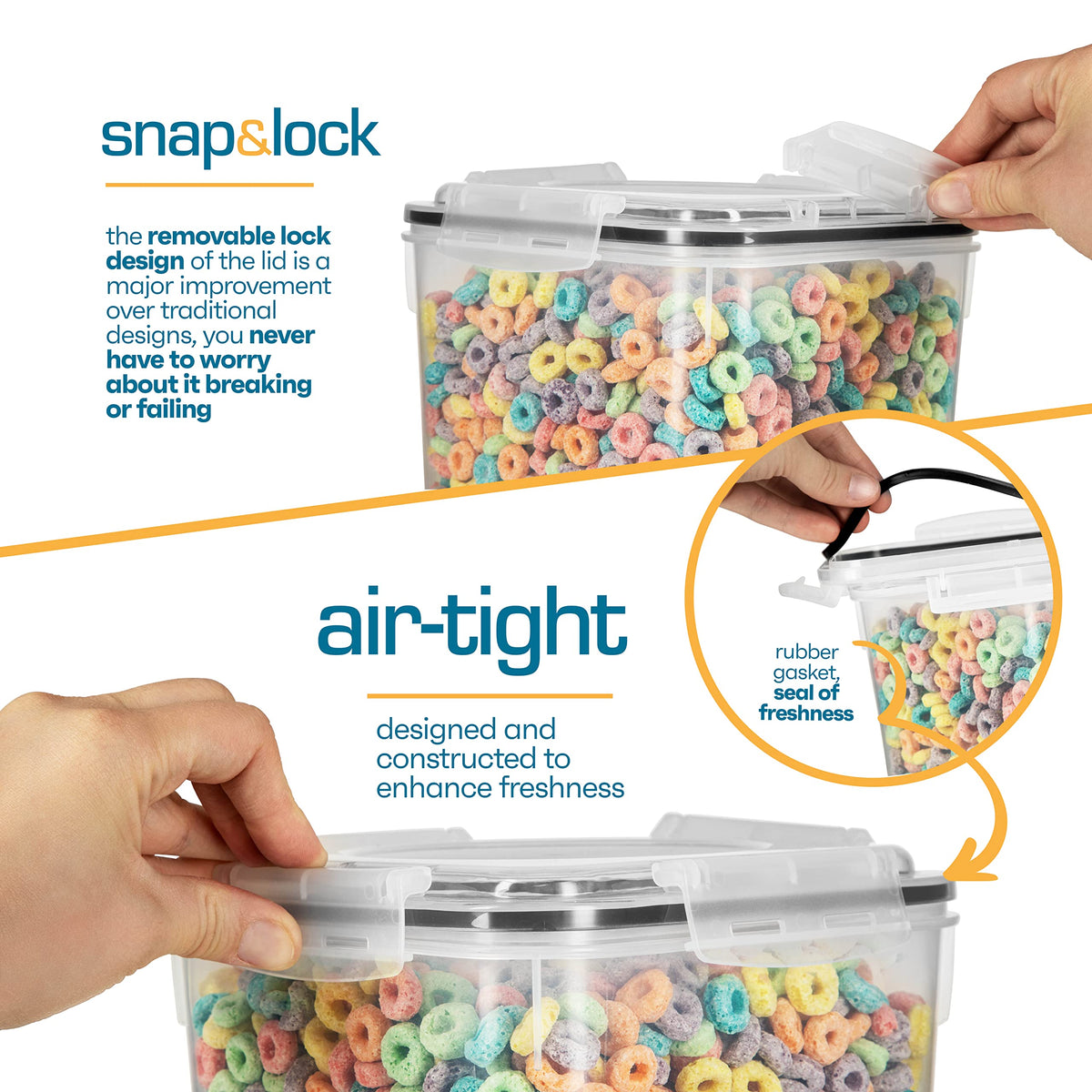 Storeganize airtight seal on lids helps keep dry goods fresh and protected.