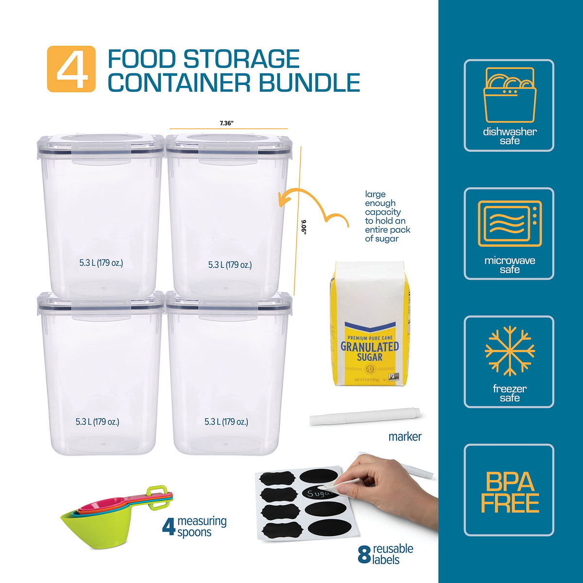 Storeganize square 5.3L containers with airtight lids for easy pantry access.