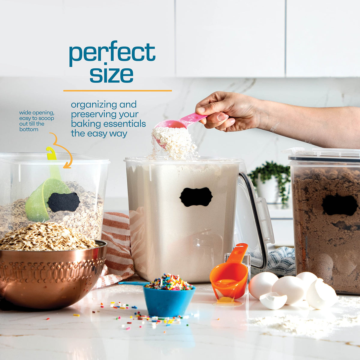 Storeganize stackable container design saves shelf space and prevents tipping.