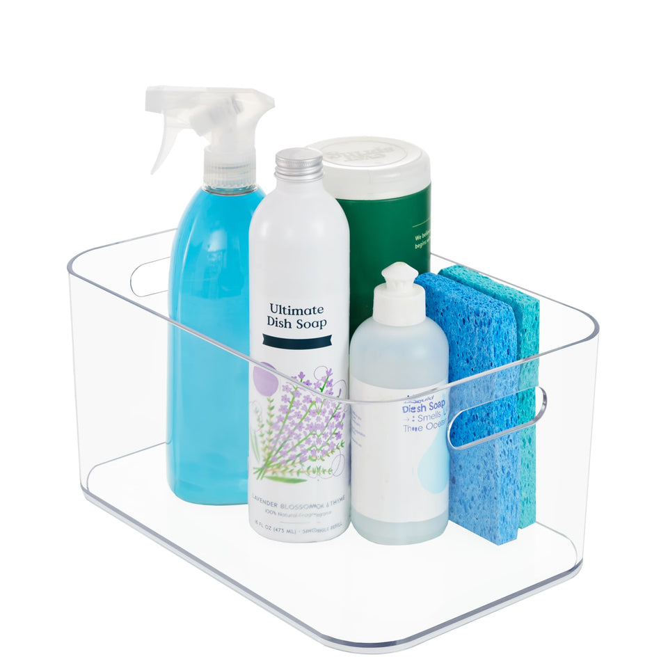 STORi Bliss XL clear bin under-sink storage keeps cleaning supplies neatly accessible