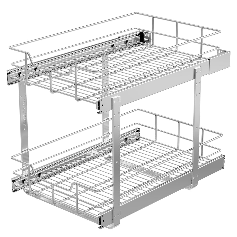 STORKING 2-tier pull-out cabinet organizer front view showing easy access and space maximization.