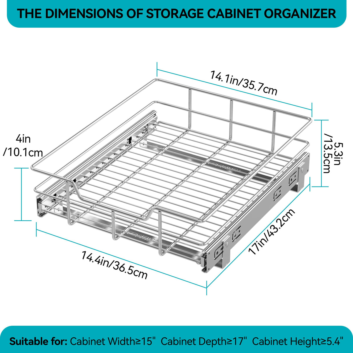 STORKING chrome pullout drawer with full-extension provides smooth, quiet operation.