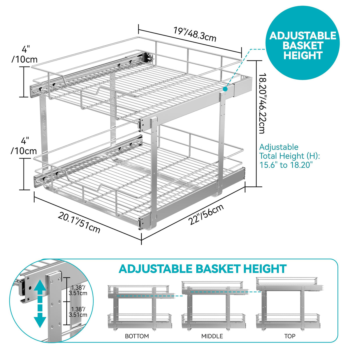 STORKING full-extension drawer system with chrome finish and smooth operation.