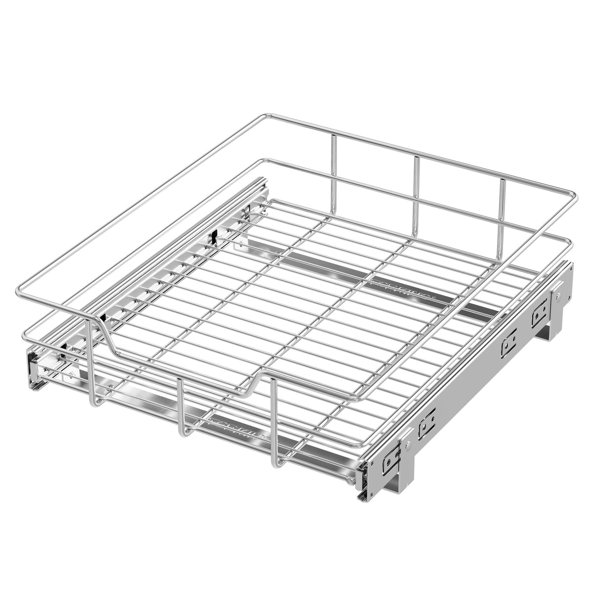 STORKING pullout cabinet organizer in chrome finish improves kitchen accessibility.