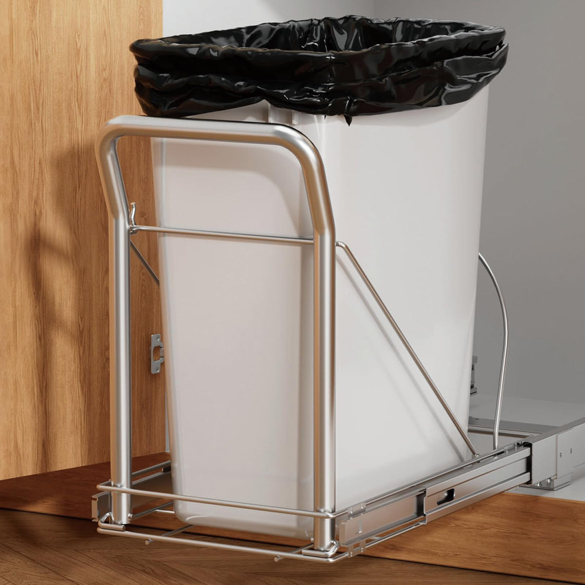 Storvexify pull-out trash can under-cabinet rails for organized waste disposal.