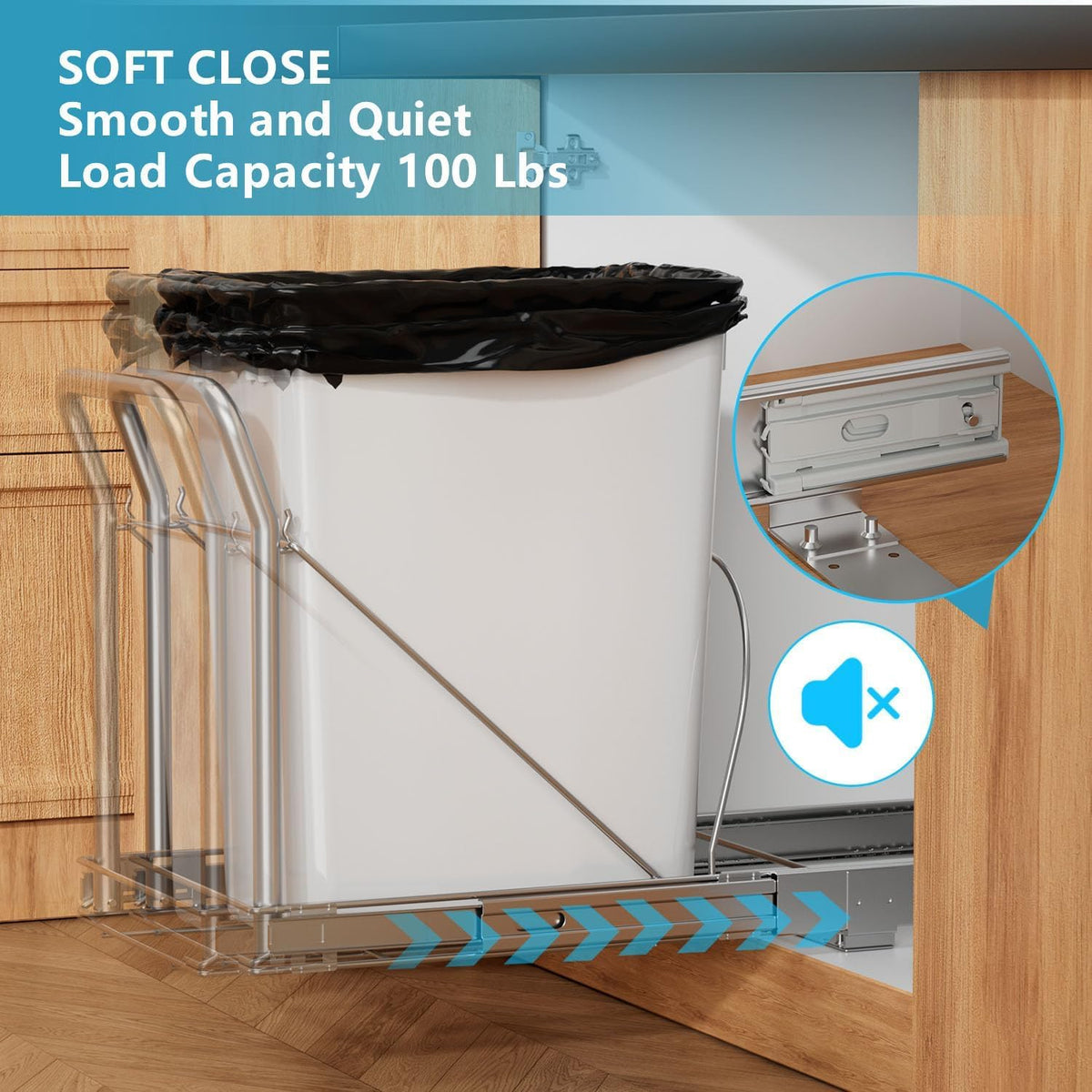 Storvexify soft-close slide rails for quiet kitchen waste disposal.