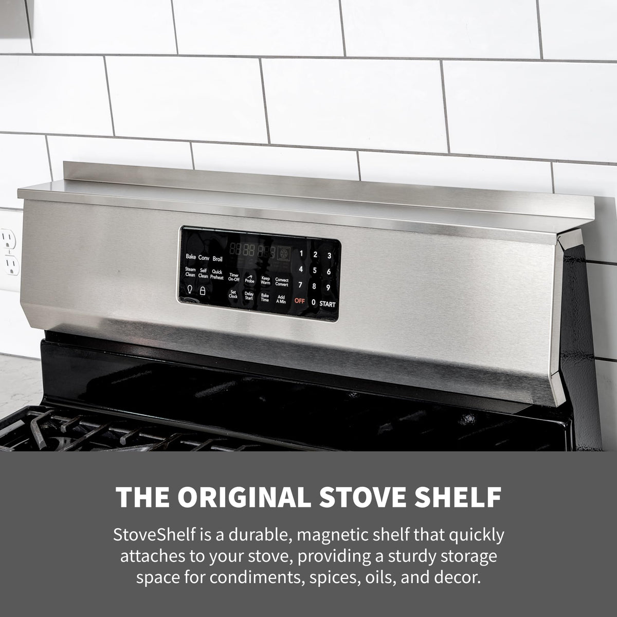 StoveShelf on-stove magnetic attachment demonstrates zero-install setup.