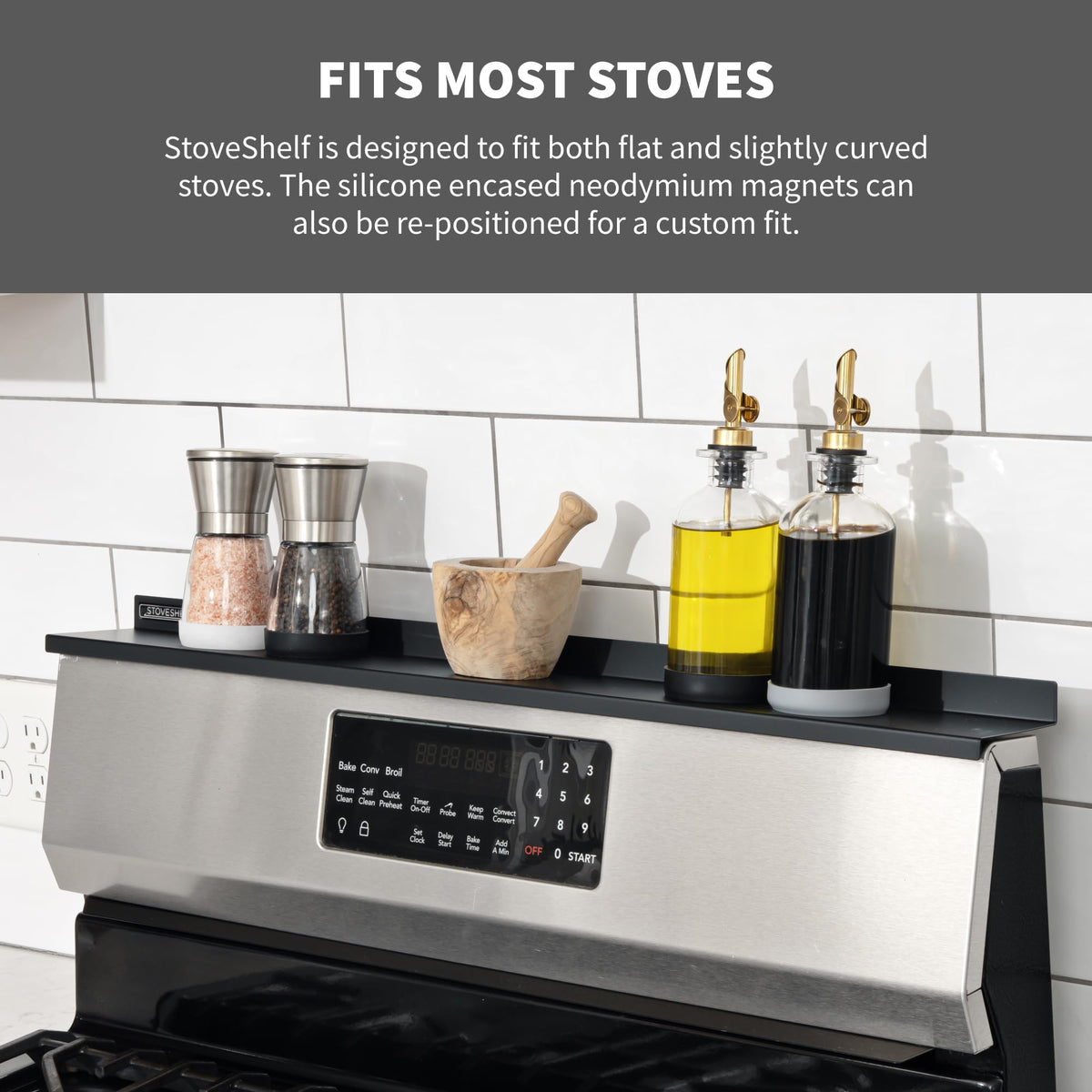 StoveShelf stainless-steel durability supports a lasting kitchen solution.