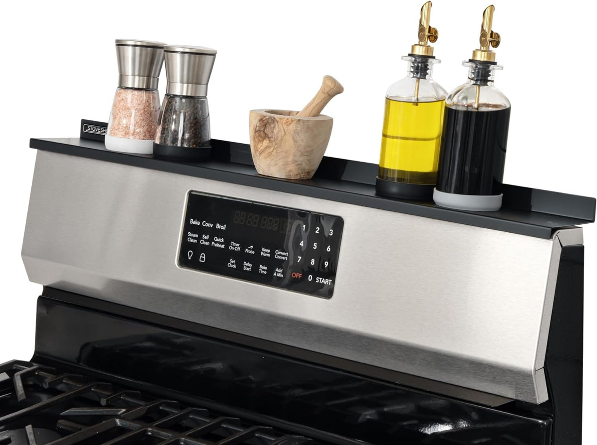 StoveShelf top view shows sleek black magnet shelf for easy spice storage.