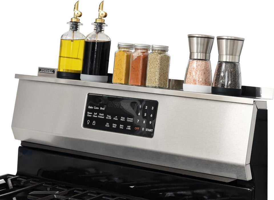 STOVE SHELF on a 30-inch stove top adds spice and oil storage.