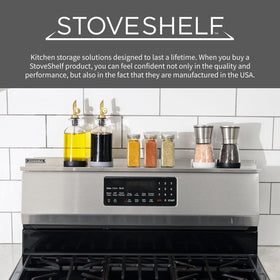 STOVE SHELF fits flat and curved stoves for flexible placement.