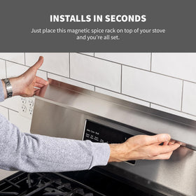 STOVE SHELF magnets securely attach condiments without wall drilling.